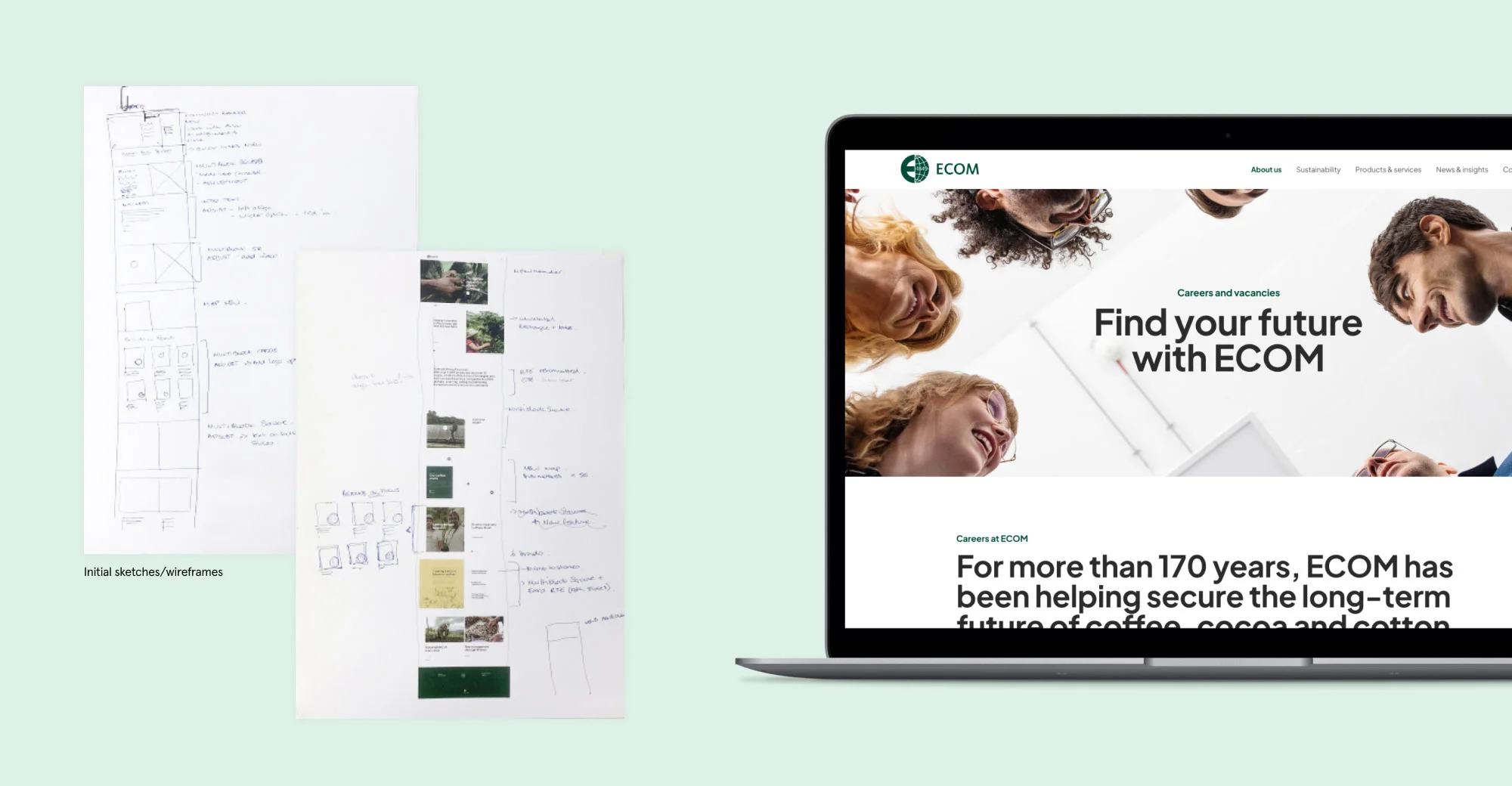 ECOM — Case Study - Concept to execution: Structural wireframe sketches juxtaposed with the final responsive corporate platform.